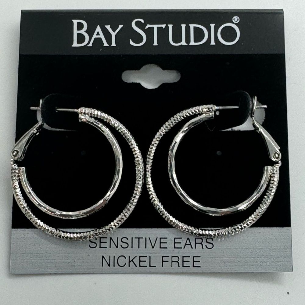 Bay Studio Silver Tone Textured Double Hoop Earrings 1.25 Inch